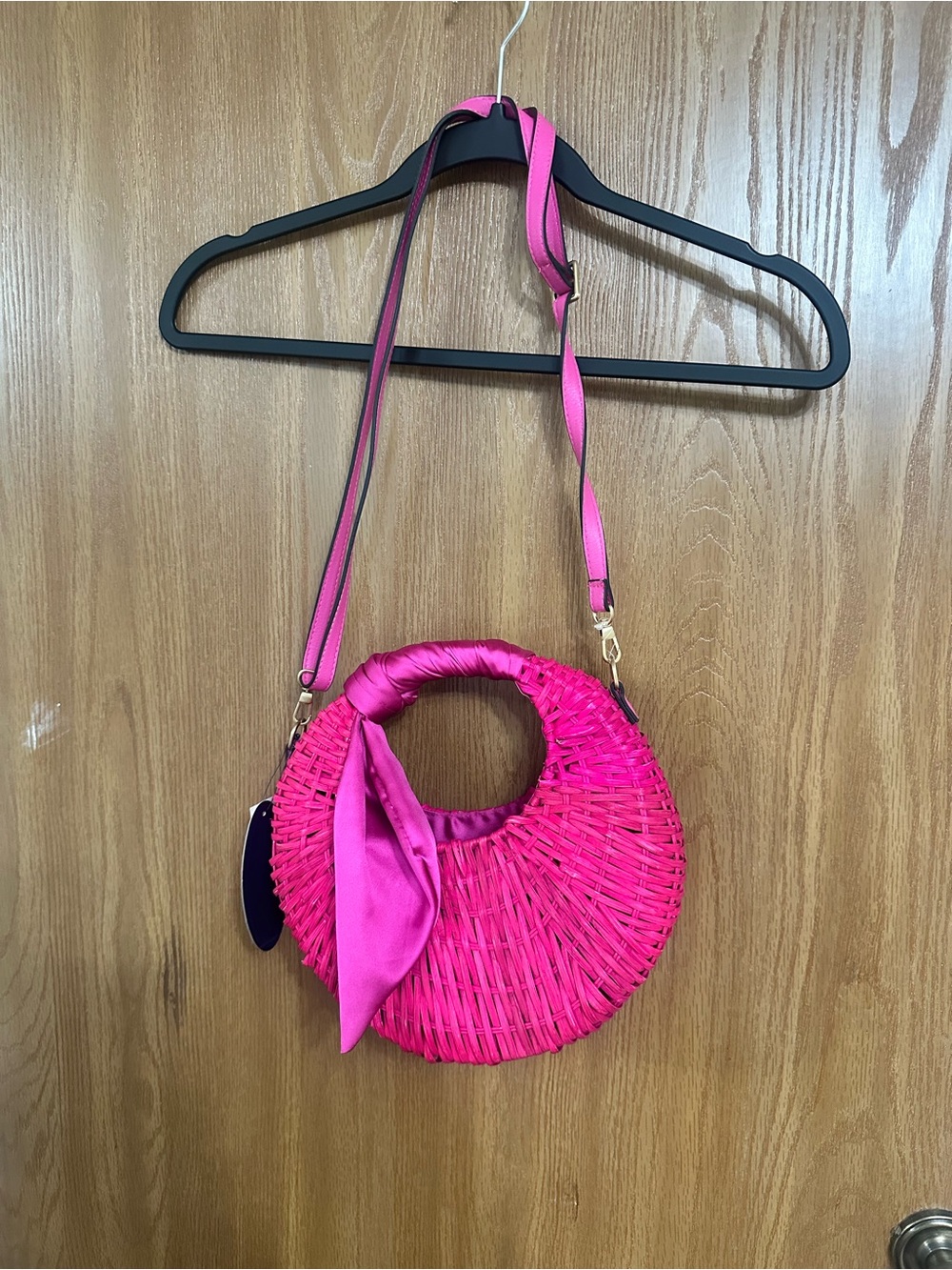 Hot Pink Round Woven Mini Crossbody Bag with Scarf Accent